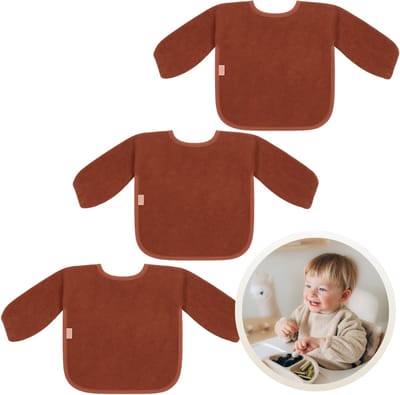 Funnies Slab met Mouwen 3-Pack Copper - Set van 3 Zachte Slabbetjes voor Baby’s - 100% Katoenen Badstof - Makkelijk Wasbaar in de Wasmachine - Slabbetjes, Kwijlslab, Eet- en Speelslab - Ideaal voor Eten, Knutselen en Spelen