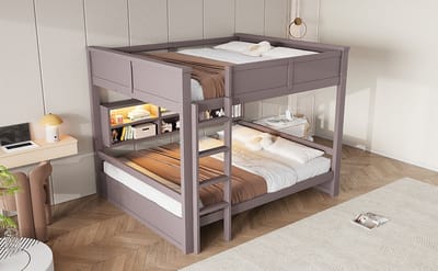 Stapelbed 160x200 Met Opbergkasten En LED - Houten Hoogslaper Tweepersoonsbed - Bruin