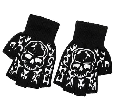 Zwart wit functionele handschoenen met schedel en vlam patroon – vingerloze gebreide handschoenen voor heren en dames – halve vinger hand handschoenen met rib gebreide pols manchet – handschoenen met skull print ontwerp