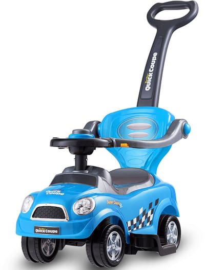 COSTWAY 3-in-1 schuifauto, schuifvoertuig met afneembare duwgreep, beschermbeugel en verborgen opbergruimte, speelgoedauto voor kinderen van 2 tot 6 jaar, blauw
