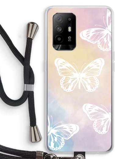 Case Company® - Hoesje met koord geschikt voor Oppo A94 5G hoesje met Koord - White butterfly - Telefoonhoesje met Zwart Koord - Bescherming aan alle Kanten en Over de Schermrand