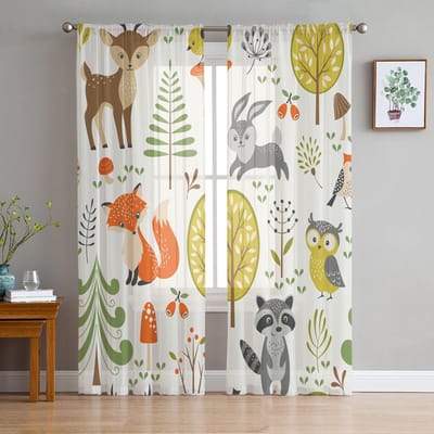 Gordijnen van gaas met dieren-, bloemen- en vogelmotieven voor de herfst en het bos, geschikt voor de kinderkamer, keuken, woonkamer en als vakantiedecoratie. 135W x 114H(cm)
