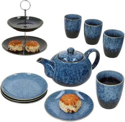 10-delig SCONES BLAUW steengoed theeservies 1x etagère, 1x kan, 4x mokken & 4x borden - 24303276
