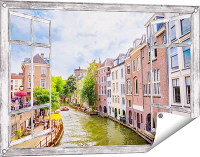 Gards Tuinposter Doorkijk Huizen aan de Oudegracht in Utrecht - 90x60 cm - Tuindoek - Tuindecoratie - Wanddecoratie buiten - Tuinschilderij