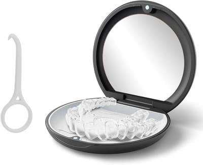 Draagbare denturebox met spiegel voor orthodontische retainer en mondbeschermers, inclusief verwijdertool en compact ontwerp (Zwart)