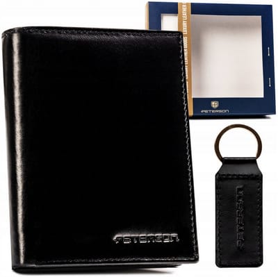 Peterson - Luxe Cadeauset voor Heren - Echt Leren Portemonnee & Sleutelhanger - Verticaal Model - Zwart - RFID-Bescherming - Ruimte voor Kentekenbewijs