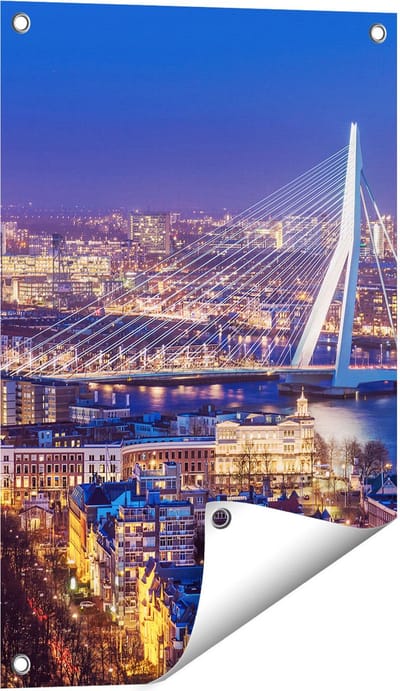 Gards Tuinposter Rotterdamse Skyline met de Erasmusbrug - 40x60 cm - Tuindoek - Tuindecoratie - Wanddecoratie buiten - Tuinschilderij