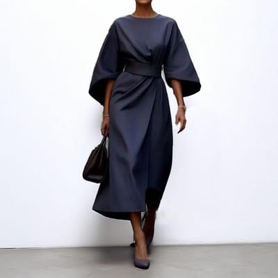 Elegante en modieuze lange rok voor dames, effen kleur, taille-sluitend, jurk met ronde hals en vleermuismouwen M black