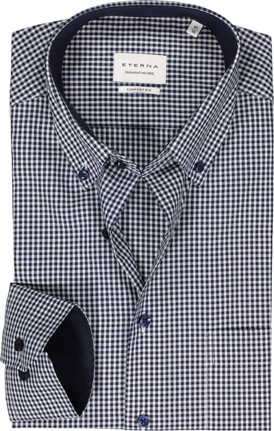 ETERNA comfort fit overhemd - popeline - middenblauw met wit geruit (contrast) - Strijkvrij - Boordmaat: 40 (EU maat: M)