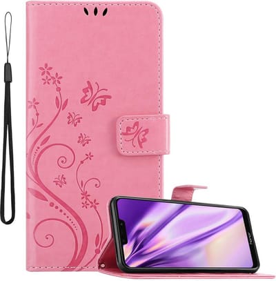 Cadorabo Hoesje geschikt voor Honor 8C in BLOEMEN ROZE - Beschermhoes in bloemmotief met magnetische sluiting, standfunctie en kaartsleuven Book Case Cover Etui