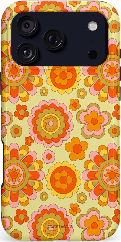 Casetastic hoesje geschikt voor Apple iPhone 17 Pro Max - MagSafe - Dubbellaagse bescherming - Retro Oranje Bloemen - Fashion Case - Oranje Goud Beige