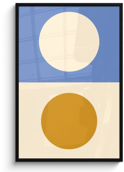 Poster in lijst - Fotolijst 80x120 cm - Posters - Cirkels - Symmetrisch - Wit - Blauw- Geel - Posterlijst zwart - Decoratie - Wanddecoratie woonkamer - Muurdecoratie slaapkamer