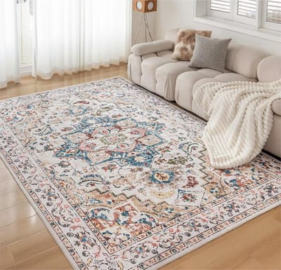 Wasbaar tapijt, 120 x 170 cm, woonkamer, slaapkamer, vintage, laagpolig, groot, zacht, antislip, wollig, beige