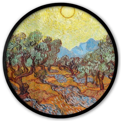 Poster in lijst Rond - Fotolijst 40x40 cm - Posters - Olijfbomen met gele hemel en zon - Vincent van Gogh - Ronde posterlijst zwart - Decoratie - Wanddecoratie woonkamer - Muurdecoratie slaapkamer
