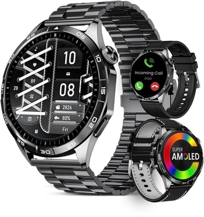 Avalue Smartwatch Heren - AMOLED Full Touchscreen - Bluetooth Bellen - Bloeddruk & Hartslag Monitor - Bloedzuurstof - Slaapmonitor - Stappenteller - 330 mAh - iOS & Android - Incl. 3 Bandjes - Zwart