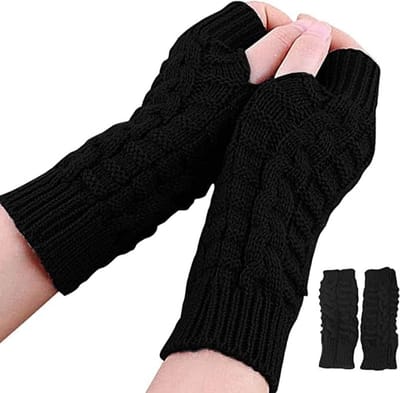 Vingerloze winterhandschoenen voor dames, gebreide armwarmers met duimopening, zachte polswarmer, zwart, one size, ideaal voor koude dagen
