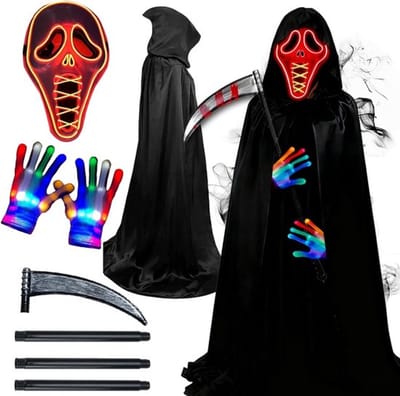 Grimmige Doodskleed, Halloween Kostuum met LED Schreeuwmasker, Zwarte Cape en Glimwormhandschoenen voor Cosplay en Carnavalsfeesten