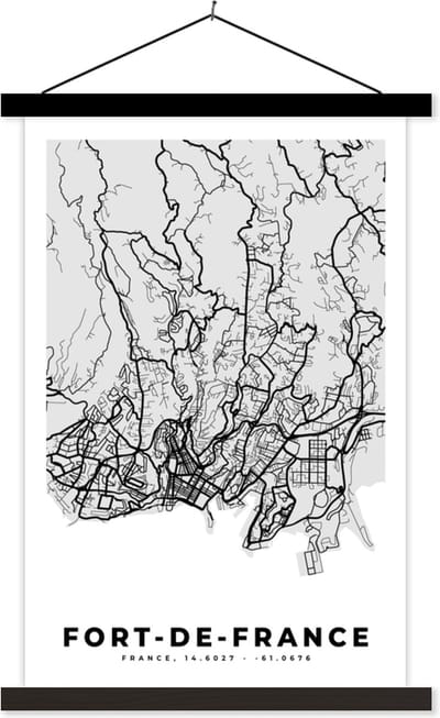 Posterhanger incl. Poster 40x60 cm - Schoolplaat - Frankrijk - Fort-de-France - Stadskaart - Plattegrond - Kaart - Textielposter - Zwarte latten - Stadskaart