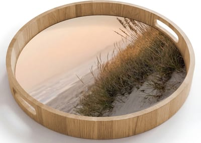 Dienblad rond 40x40 cm - Schootdienblad hout - Duinlandschap - Zonsondergang - Strand - Borrelplank rechthoek - Plateau houten dienbladen