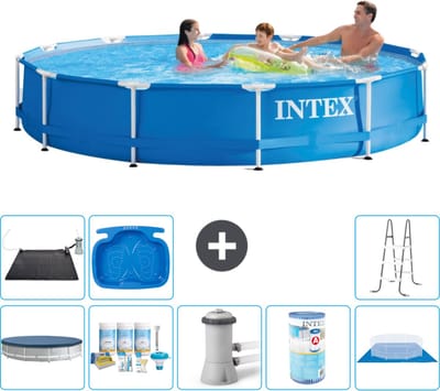 Intex Rond Frame Zwembad - 366 x 76 cm - Blauw - Inclusief Afdekzeil - Onderhoudspakket - Zwembadfilterpomp - Filter - Grondzeil - Solar Mat - Ladder - Voetenbad - 9-delig
