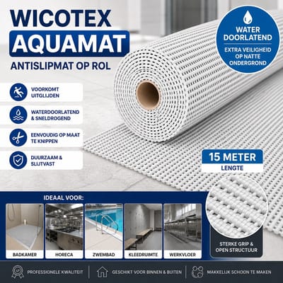 Wicotex Aquamat Antislipmat op Rol – 15 meter – Waterdoorlatende Vloermat – Op Maat te Knippen – Voor Badkamer, Horeca, Keuken en Zwembad - Kleur Zilver
