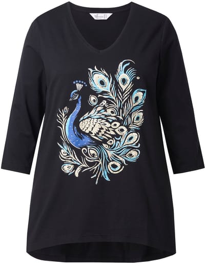 MIAMODA - Dames - T-shirt A-lijn pauwenverenmotief 3/4-mouwen - Zwart - Maat 42
