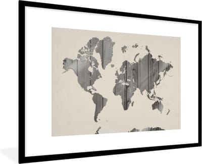 Poster in lijst - Fotolijst 120x80 cm - Posters - Wereldkaart - Beige - Zwart - Wit - Posterlijst zwart - Decoratie - Wanddecoratie woonkamer - Muurdecoratie slaapkamer