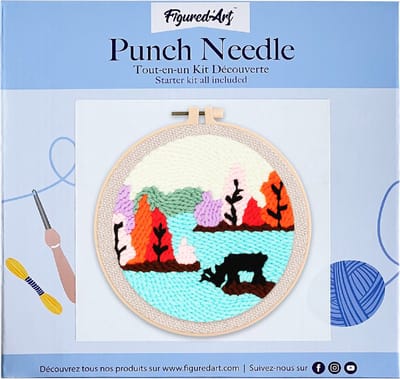 Figured'Art Punch Needle Kit voor Volwassenen en Kinderen - Rendier bij een meer - Perfect voor Beginners. Compleet klaar-om-te-borduren set, maat 20x20 cm met ronde frame