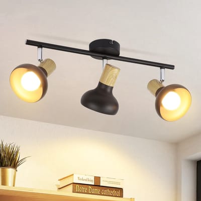 NETTLIFE Opbouwspot - E14 Fitting - 3-Lichts - zwart - L 41.2cm - met Hout ontwerp - Metaal - Moderne Plafondlamp - 350° draaibar Plafondspot - voor Keuken | Hal | Woonkamer - Zonder lamp