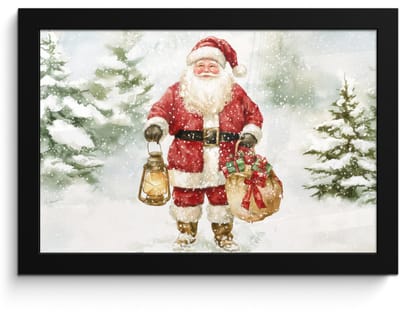Poster in lijst - Fotolijst 30x20 cm - Posters - Kerstman- Winter - Sneeuw - Wit - Rood - Posterlijst zwart - Decoratie - Wanddecoratie woonkamer - Muurdecoratie slaapkamer - Kerstversiering - Kerstdecoratie voor binnen - Kerstmis