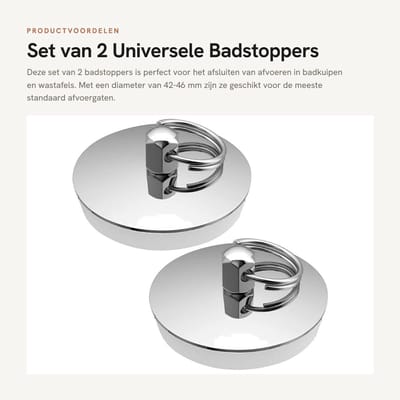 Dailygoods- Badstop 42-46 mm - Set van 2 - Afvoerstop voor badkuip - Gootsteenafvoerstop - Lekvrije rubberen stop - Roestvrij staal met rubberen ring