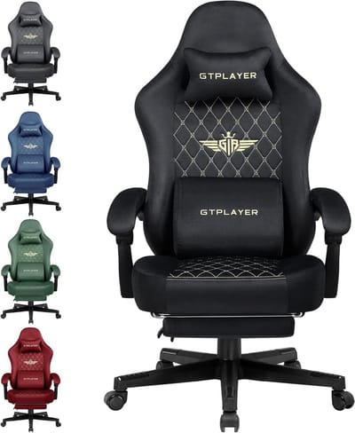 GTPLAYER - Gaming Stoel Stof - 150 kg met Verenzitkussen en Voetensteun - Zwart