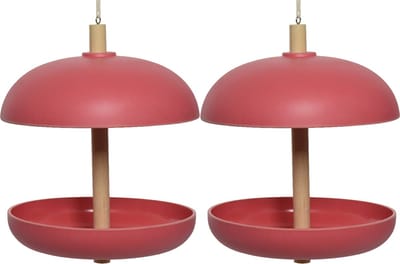 Decoris vogel voedersilo hangend - 2x - bamboe hout - roze - 21 x 25 cm