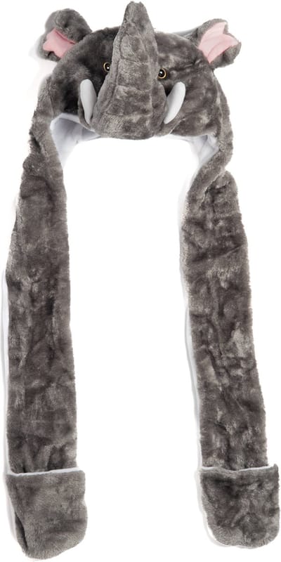 KIMU® Muts Wanten Olifant - Sjaalmuts met Oortjes Grijs Slurf - Bontmuts Kinderen - Volwassenen Klein Hoofd - Olifantenmuts Pluche Kindermuts Festival
