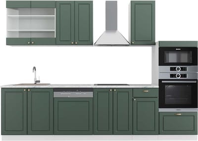 Vicco Fame-Line Complete keukeneenheid – 300 cm met hoge kast, WB Marmer Groen-Goud Landhuis/Wit