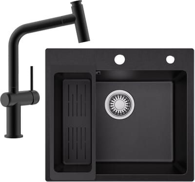 SOFETIY MAX Granieten Spoelbak Zwart / Antraciet (50*45cm) - Spoelbak Keuken Met T-Uitloop Keukenkraan - Spoelbakken Keuken – Wasbak Keuken Met Waterafvoersysteem