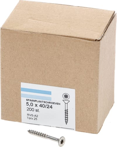 Hoenderdaal Spaanplaatschroef RVS platverzonken kop TX25 deeldraad 5.0X40/24 (per 200 stuks)