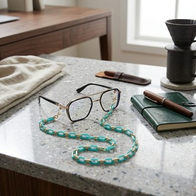 Meerblauw brillenkoord dames en heren – acryl schakel brillenketting met goudkleurige details – brillenbandje voor zonnebril en leesbril – verstelbare brillenhouder