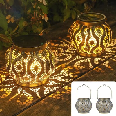SnelShoppen - Solar Lantaarns Buiten Waterdicht IP65 LED Metaal Warm Wit Oriëntaals Licht voor Tuin, Balkon, Boom, Gazon, Set van 2