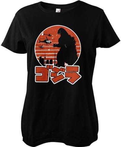 Godzilla T-shirt met Japans logo in meisjesachtige stijl, zwart