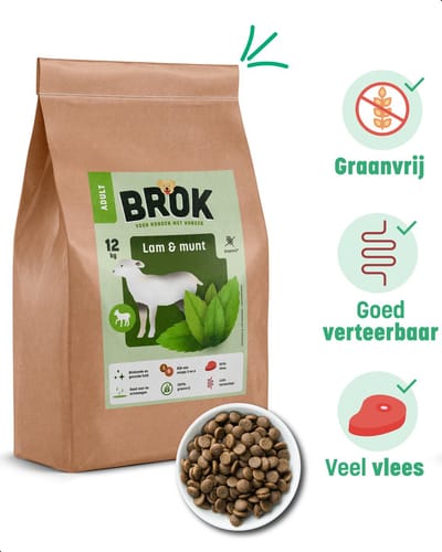 BROK Hondenvoeding - Lam & Munt - 12 KG Graanvrij Hondenvoer - BROK voor Volwassen Honden - Gezonde Hondenvoeding - Licht Verteerbaar Hondenvoer - Hondenbrokken Met Veel Vlees - Premium Hondenvoer