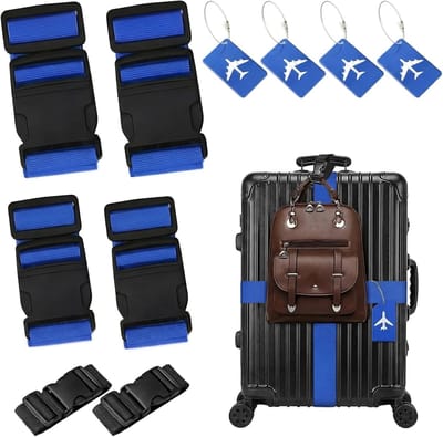 SnelShoppen - Kofferriemen Set van 4 - Verstelbare Bagageriemen met Adreslabels en 2 Accessoires - Veiligheid en Identificatie voor Koffers - Blauw