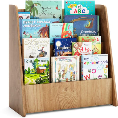COSTWAY Kinderrek met 4 opbergvakken, boekenkast voor kinderen, krantenstandaard, opbergrek voor kinderkamer, speelkamer, 57,5 x 26,5 x 59 cm (natuur)