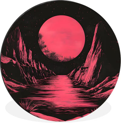 WallCircle - Wandcirkel - Muurcirkel - Maan - Felroze - Bergen - Rivier - Aluminium - Dibond - 30x30 cm - Binnen en Buiten