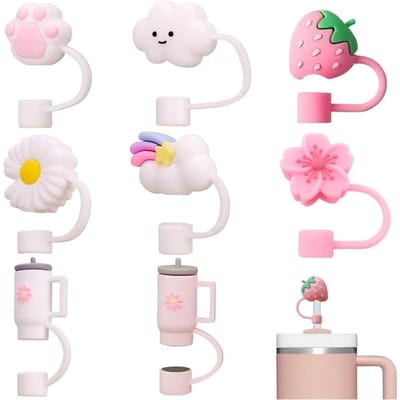 longziming -Set van 8 Silicone Rietjeshoezen – Stofdichte Leuke Decoraties voor Bekers – Compatibel met 10 mm Rietjes – Herbruikbaar & Duurzaam – Schattige Wolk-, Bloesem- en Fruitdesigns