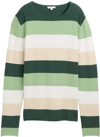 Tom Tailor - Gebreide trui met ronde hals - Maat L - green beige block stripe