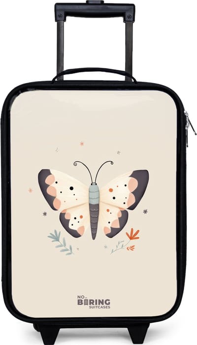 NoBoringSuitcases.com® - Kinderkoffer jongen - Kindertrolley meisje - Vlinder in neutrale pastel kleuren - Koffer kind lichtgewicht - Reiskoffer trolley voor kinderen - Koffertje met lichtgevende wieltjes - Rolkoffer zwart