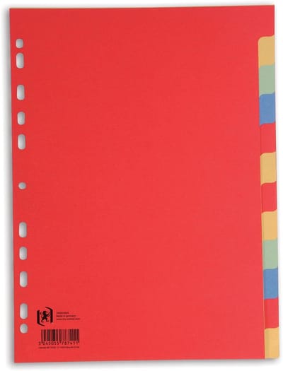 OXFORD tabbladen | formaat A4 | uit karton | onbedrukt | 11-gaatsperforatie | geassorteerde kleuren | 12 tabs