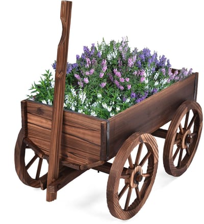 COSTWAY Bloemenwagen hout, plantenwagen 4 wielen, bloemkar plantenpot bolderkar tuindecoratie bruin 120 x 43 x 53,5 cm