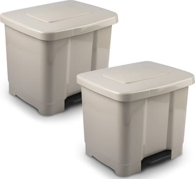 2x plasticforte vuilnisbak/pedaalemmer - 2-vaks - beige - 35 liter - 43 x 38 x 38 cm - kunststof